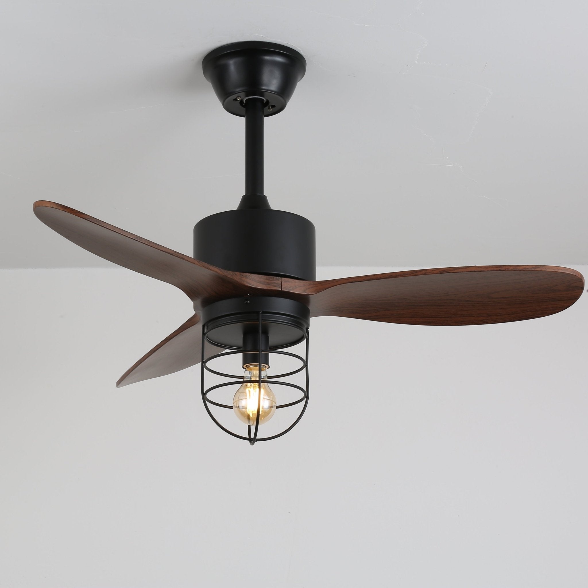 Ventilateur de plafond industriel avec éclairage Ø91cm – Cadre métallique – Abat-jour en verre – 6 vitesses – Télécommande – AC 110-240V – Noyer & noir | Sansoti