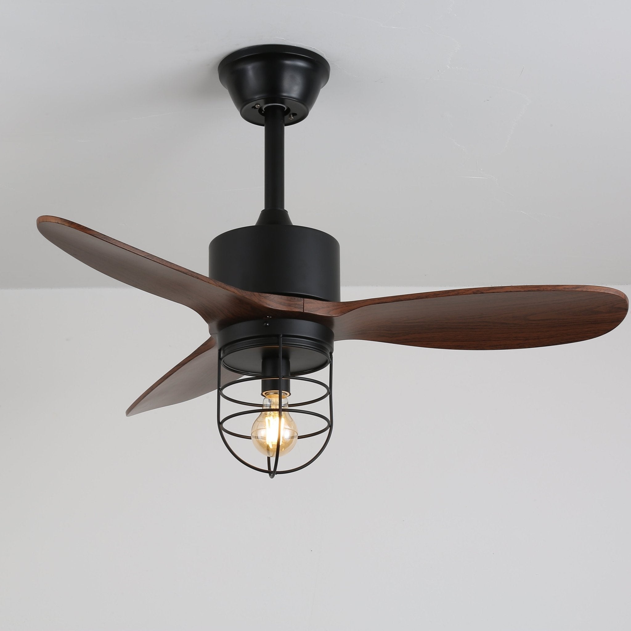 Ventilateur de plafond industriel avec éclairage Ø91cm – Cadre métallique – Abat-jour en verre – 6 vitesses – Télécommande – AC 110-240V – Noyer & noir | Sansoti