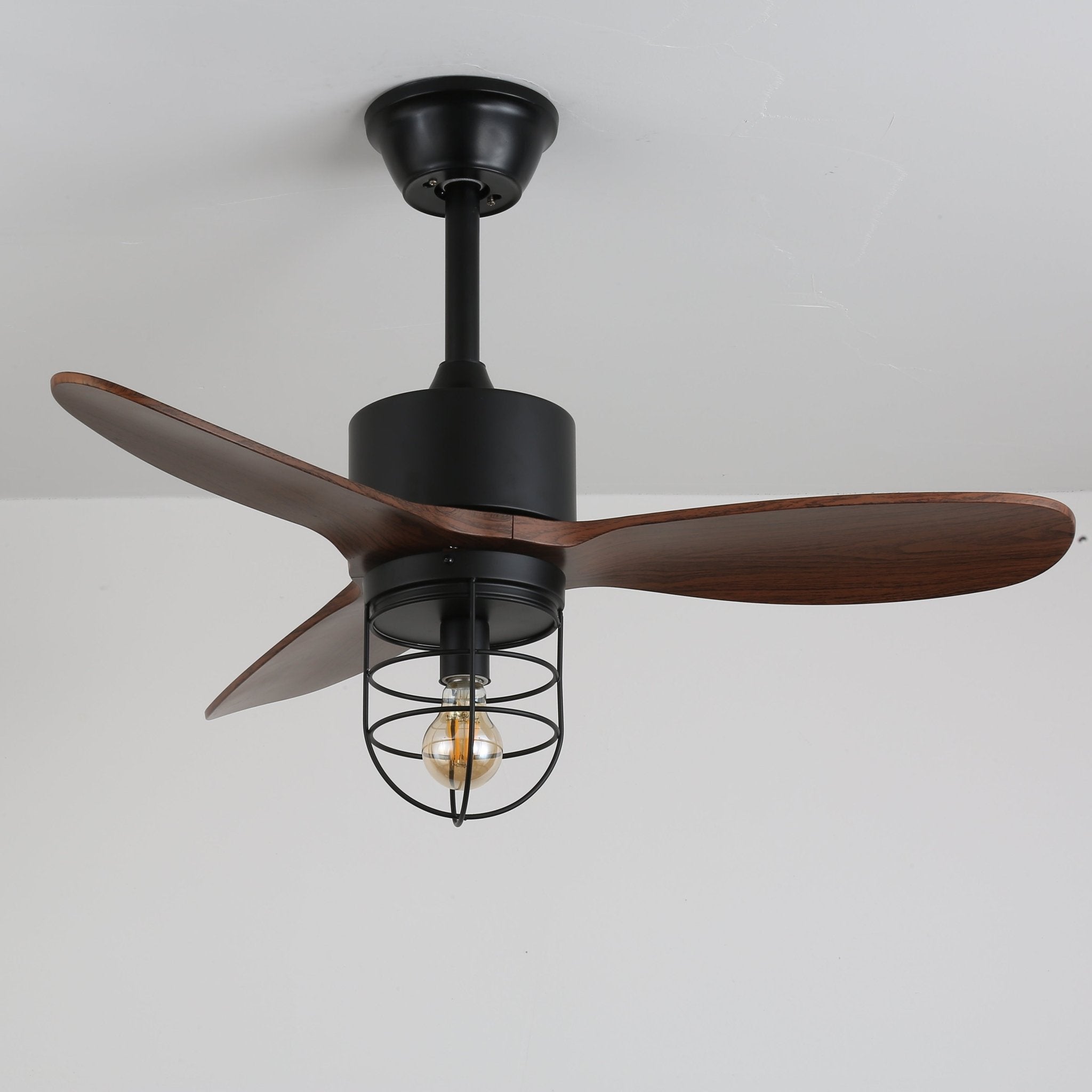 Ventilateur de plafond industriel avec éclairage Ø91cm – Cadre métallique – Abat-jour en verre – 6 vitesses – Télécommande – AC 110-240V – Noyer & noir | Sansoti