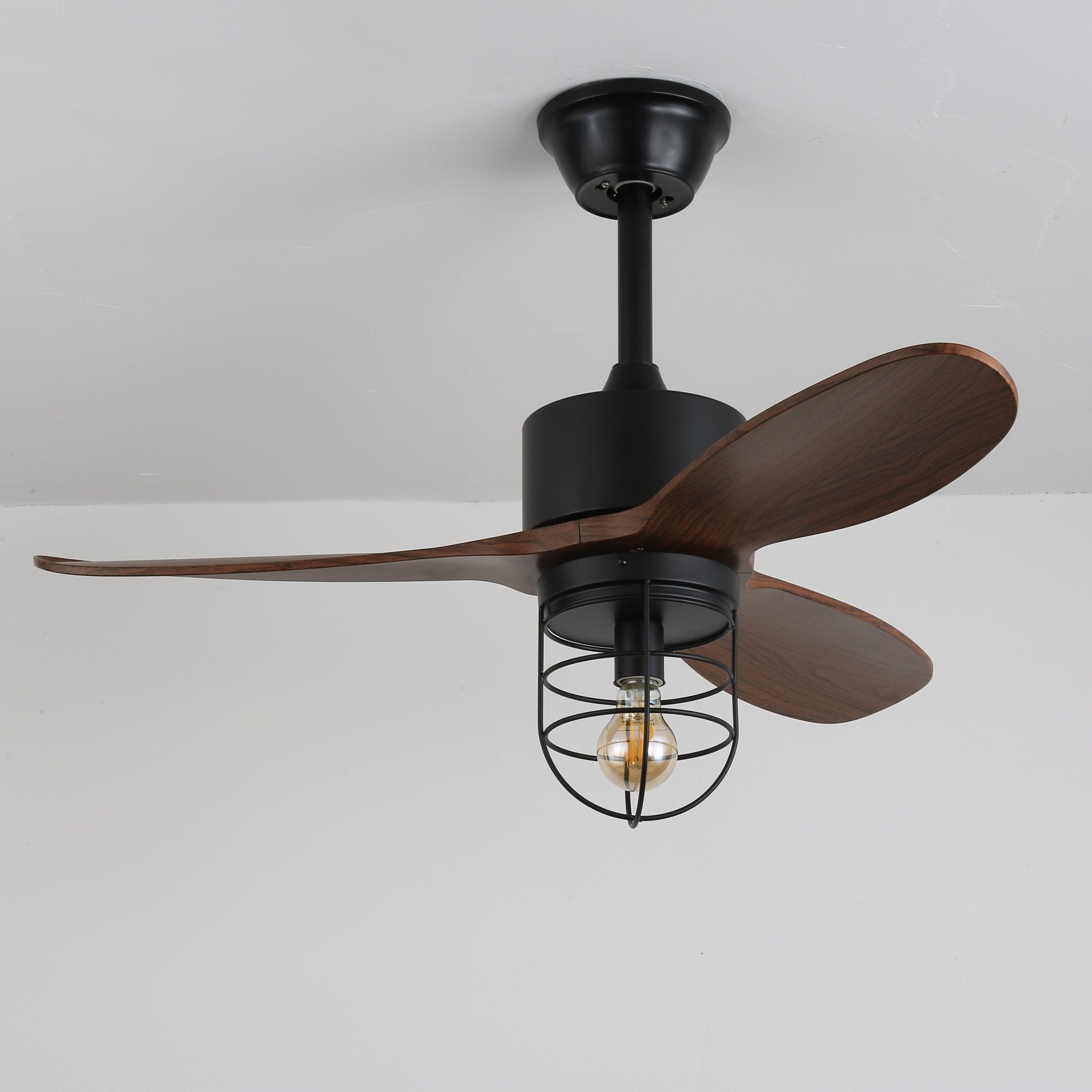 Ventilateur de plafond industriel avec éclairage Ø91cm – Cadre métallique – Abat-jour en verre – 6 vitesses – Télécommande – AC 110-240V – Noyer & noir | Sansoti