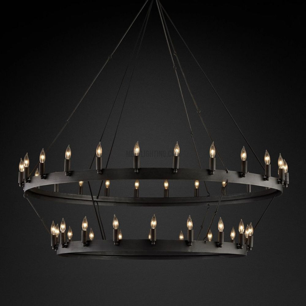 Lustre à deux niveaux en fer forgé à la main 30-66 LED en forme de bougies style vintage industriel pour table de salle à manger | Sansoti