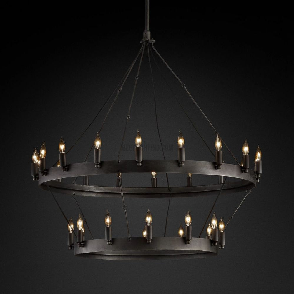 Lustre à deux niveaux en fer forgé à la main 30-66 LED en forme de bougies style vintage industriel pour table de salle à manger | Sansoti