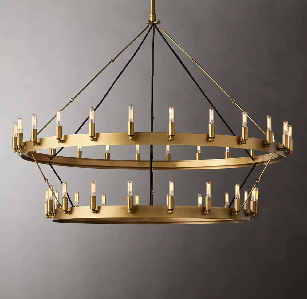 Lustre à deux niveaux en fer forgé à la main 30-66 LED en forme de bougies style vintage industriel pour table de salle à manger | Sansoti