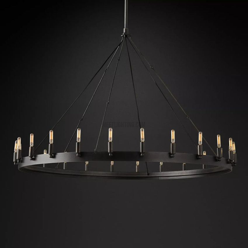 Lustre rond avec ampoules à filament vintage, en fer fait main, noir et doré, 26-73 cm, pour salle à manger et salon | Sansoti