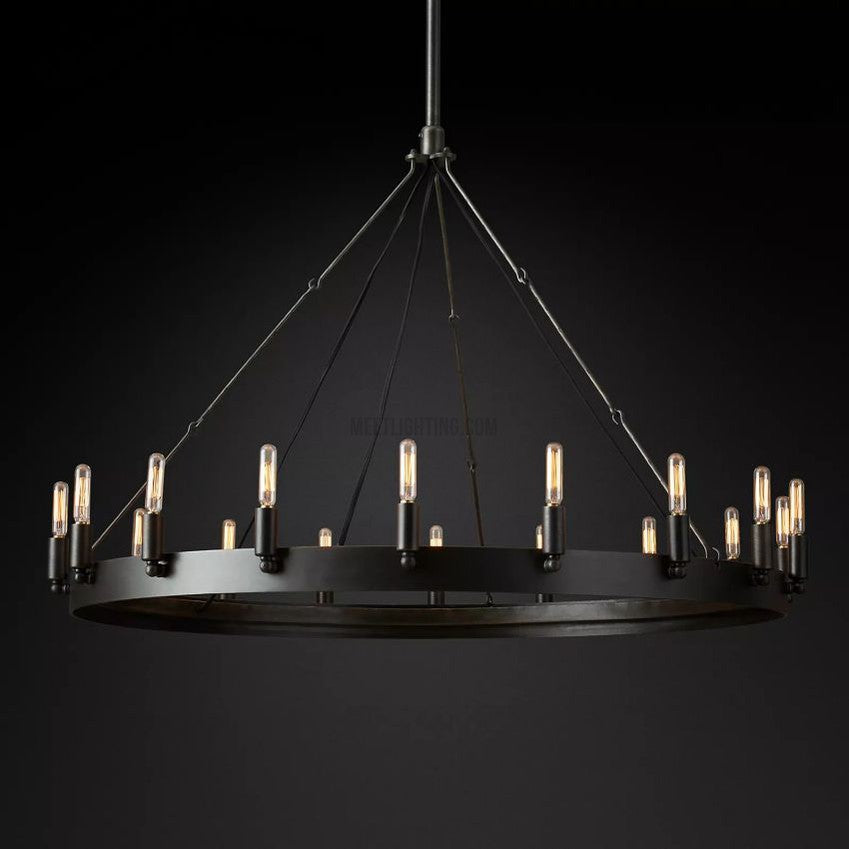 Lustre rond avec ampoules à filament vintage, en fer fait main, noir et doré, 26-73 cm, pour salle à manger et salon | Sansoti