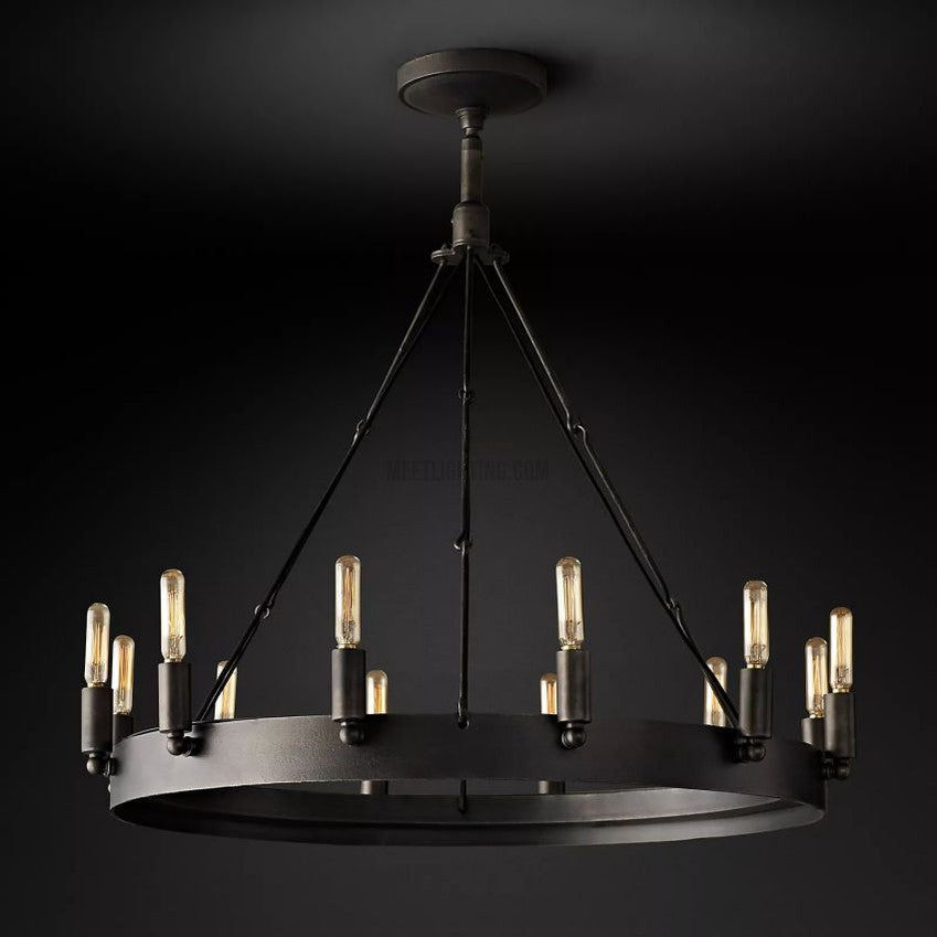 Lustre rond avec ampoules à filament vintage, en fer fait main, noir et doré, 26-73 cm, pour salle à manger et salon | Sansoti