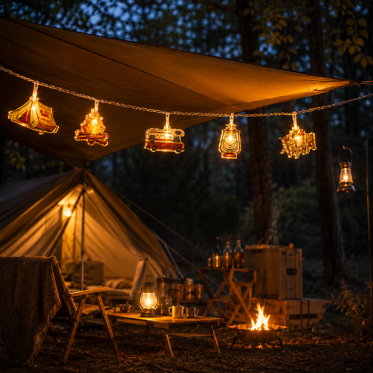 Dekorative LED-Lichterkette mit Campingmotiven, warmweißes Licht, stimmungsvolle Beleuchtung für draußen, drinnen und den Garten | Sansoti