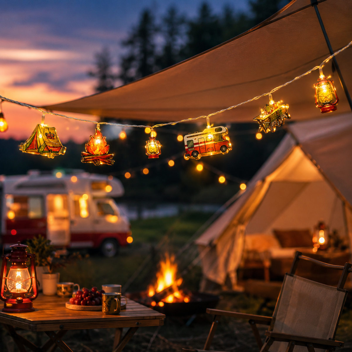 Dekorative LED-Lichterkette mit Campingmotiven, warmweißes Licht, stimmungsvolle Beleuchtung für draußen, drinnen und den Garten | Sansoti