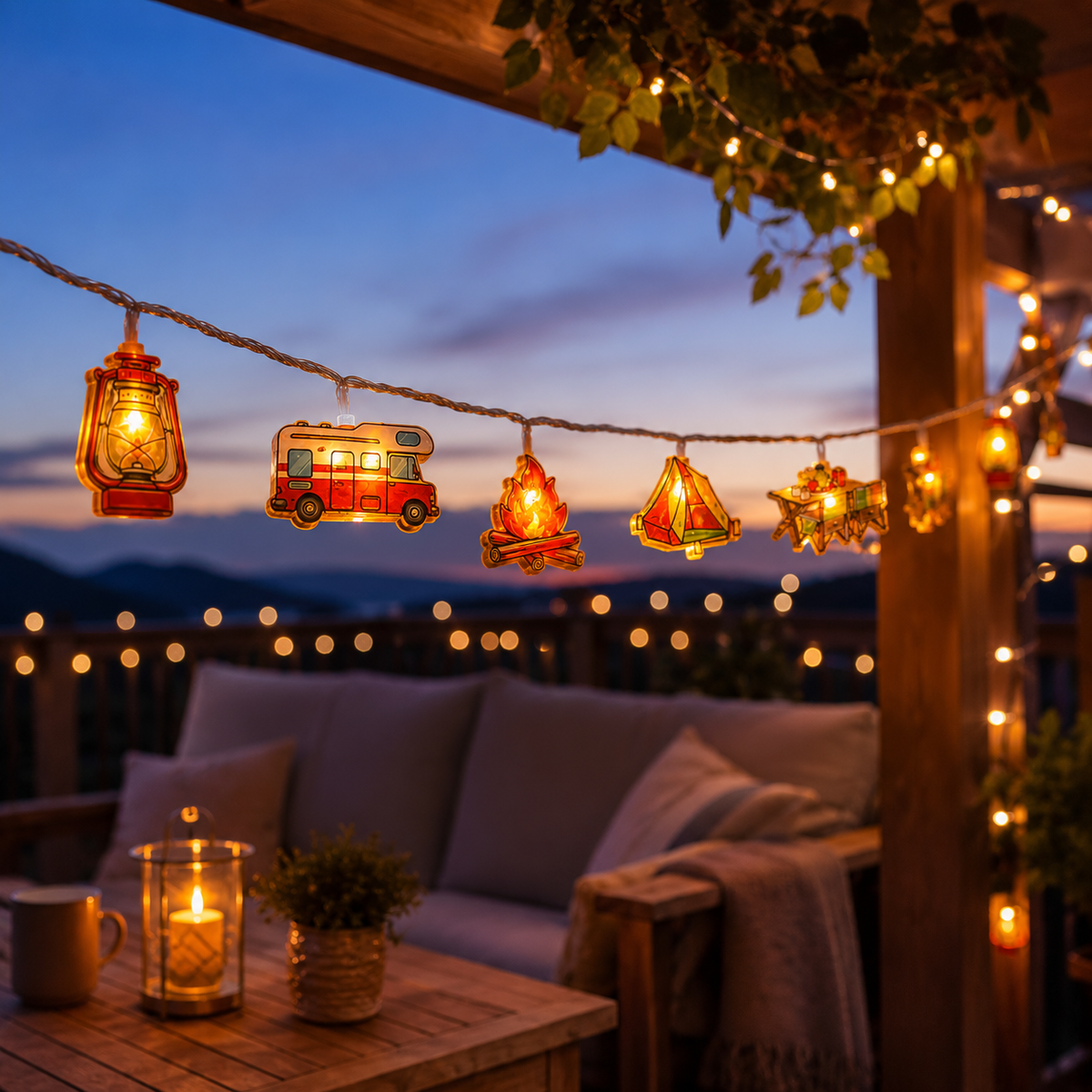 Dekorative LED-Lichterkette mit Campingmotiven, warmweißes Licht, stimmungsvolle Beleuchtung für draußen, drinnen und den Garten | Sansoti