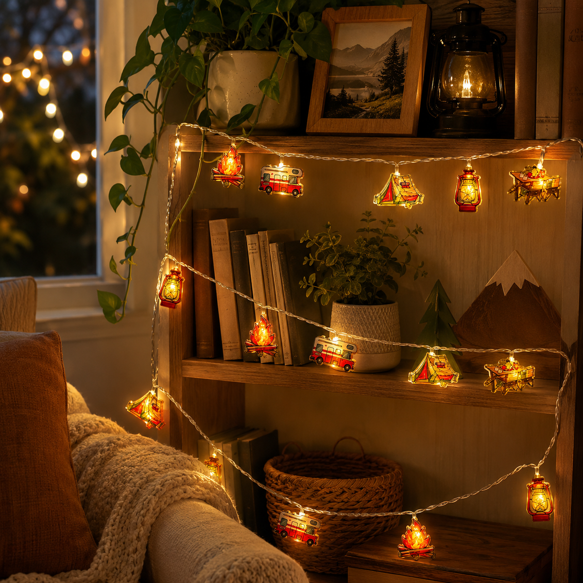 Dekorative LED-Lichterkette mit Campingmotiven, warmweißes Licht, stimmungsvolle Beleuchtung für draußen, drinnen und den Garten | Sansoti