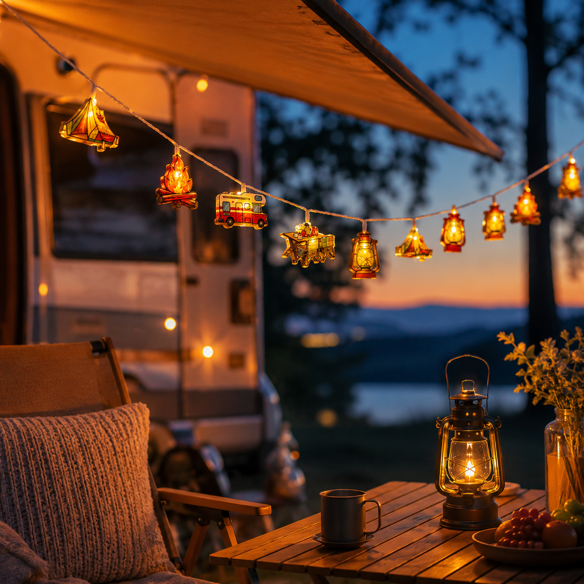 Dekorative LED-Lichterkette mit Campingmotiven, warmweißes Licht, stimmungsvolle Beleuchtung für draußen, drinnen und den Garten | Sansoti