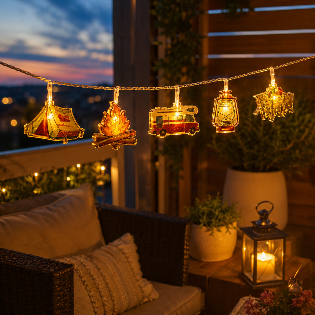 Dekorative LED-Lichterkette mit Campingmotiven, warmweißes Licht, stimmungsvolle Beleuchtung für draußen, drinnen und den Garten | Sansoti