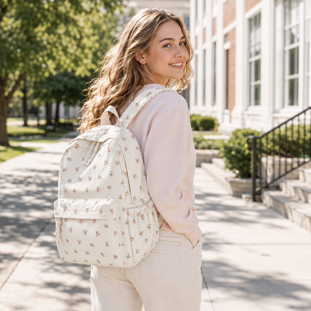 School Backpack with Floral Print Padded Shoulder Straps for Daily Use Studying Travel Laptop | Sansoti