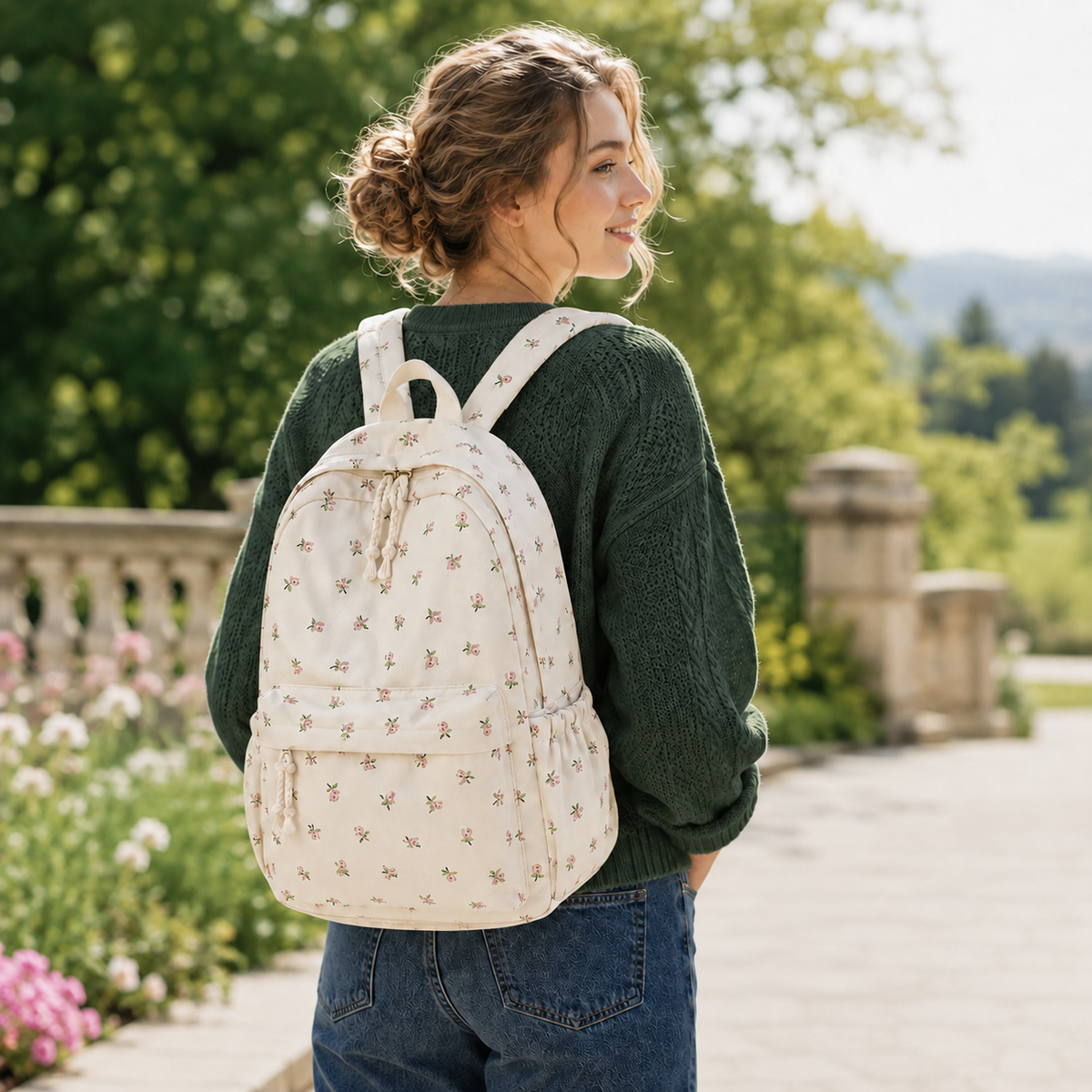 School Backpack with Floral Print Padded Shoulder Straps for Daily Use Studying Travel Laptop | Sansoti