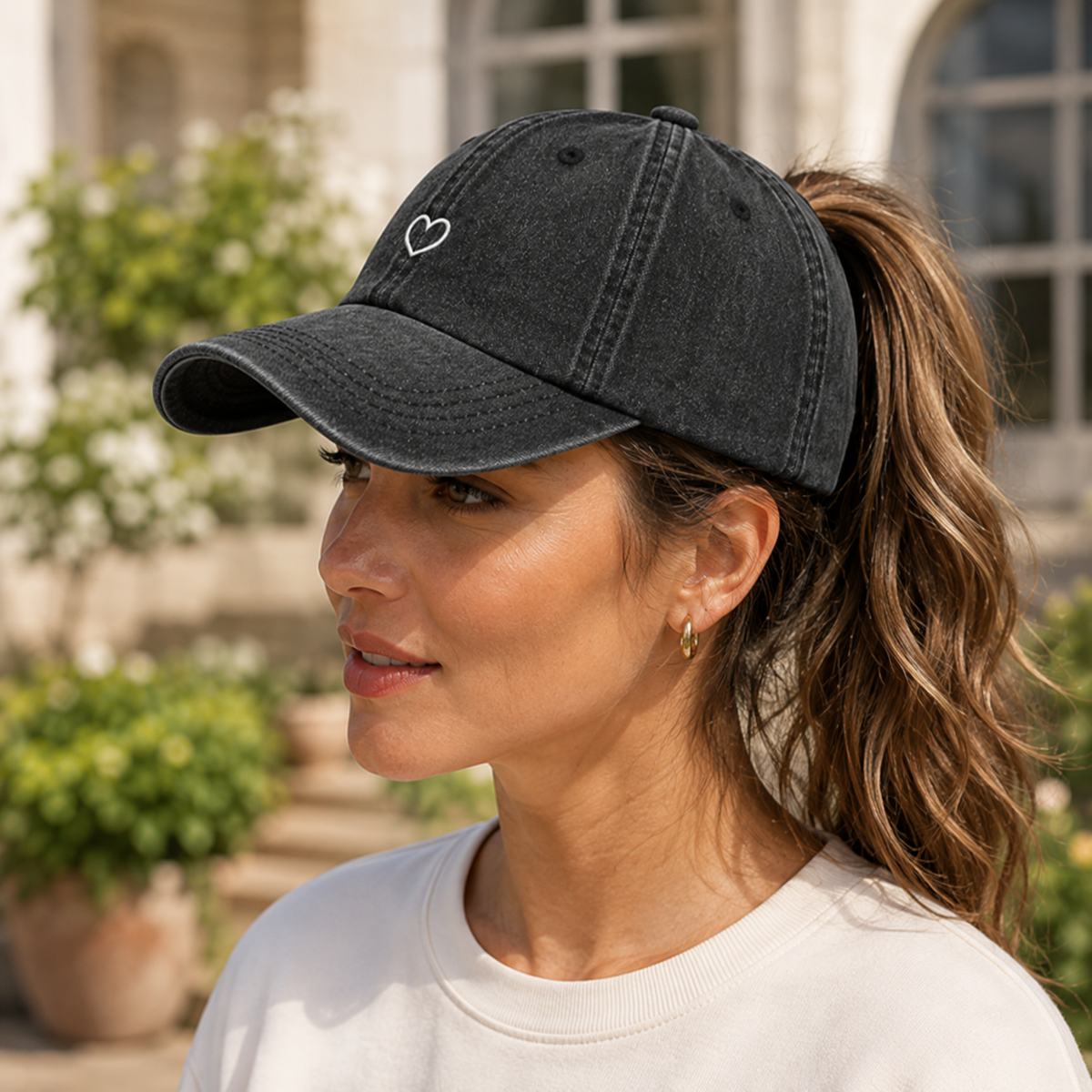 Cotton Cap with Ponytail Opening Adjustable Vintage Baseball Cap Washed Look Sporty Women's | Sansoti