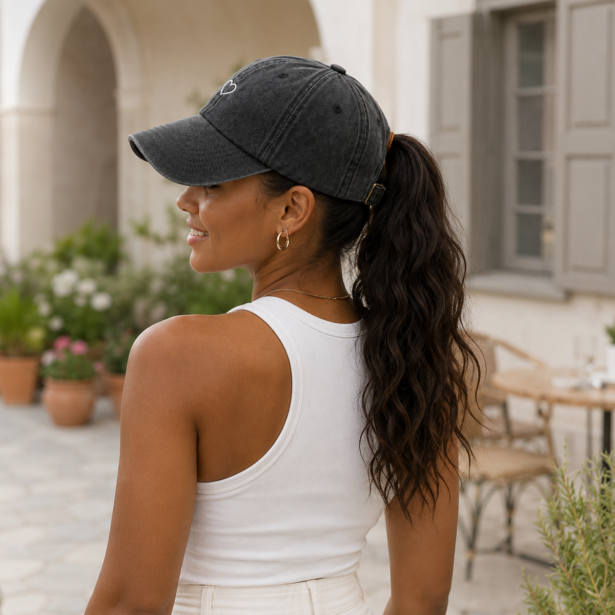 Cotton Cap with Ponytail Opening Adjustable Vintage Baseball Cap Washed Look Sporty Women's | Sansoti