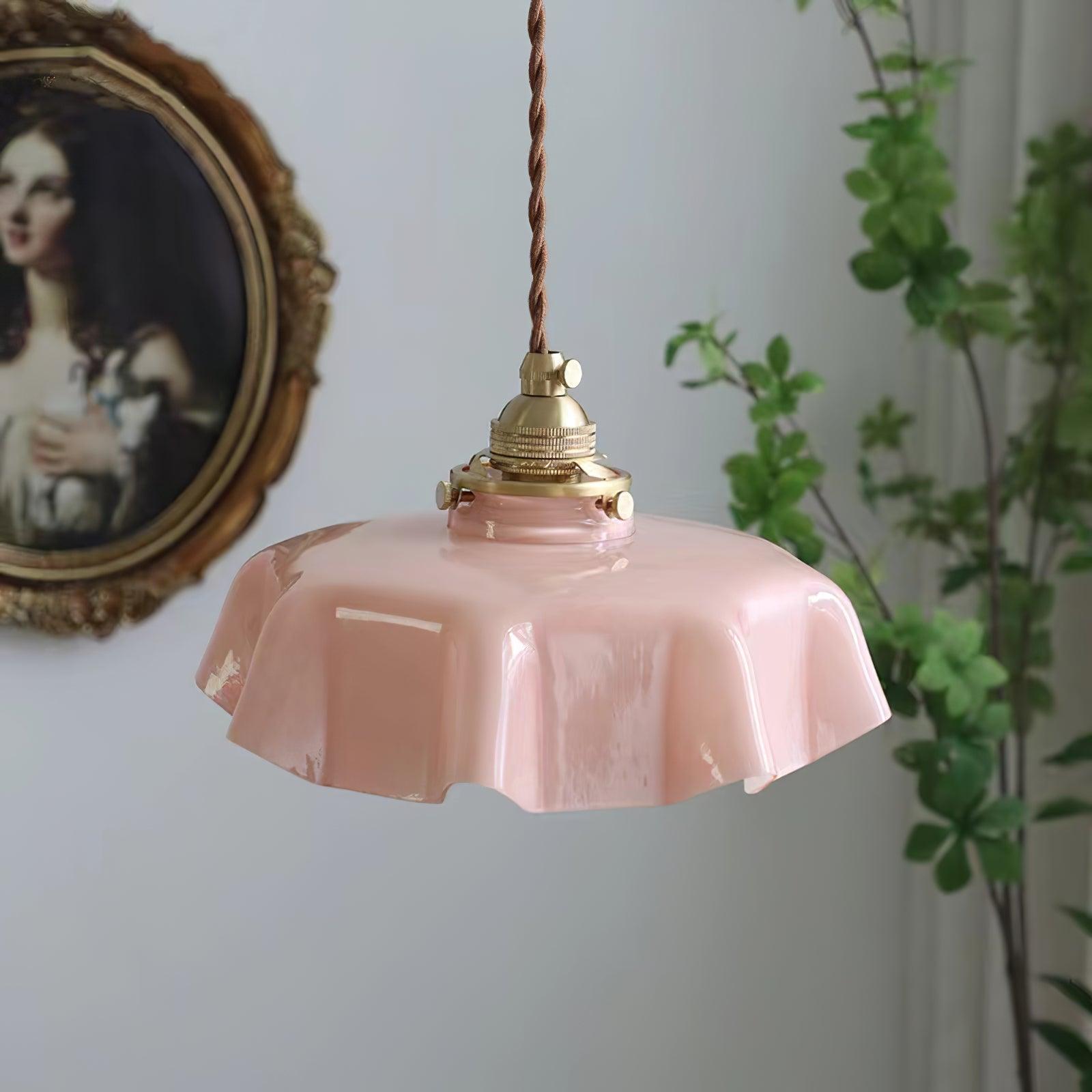 Geplooide Glazen Hanglamp met Messing Armatuur — Vintage Franse Stijl in Wit, Beige, Roze of Blauw — Verstelbare Kabel 150 cm | Sansoti
