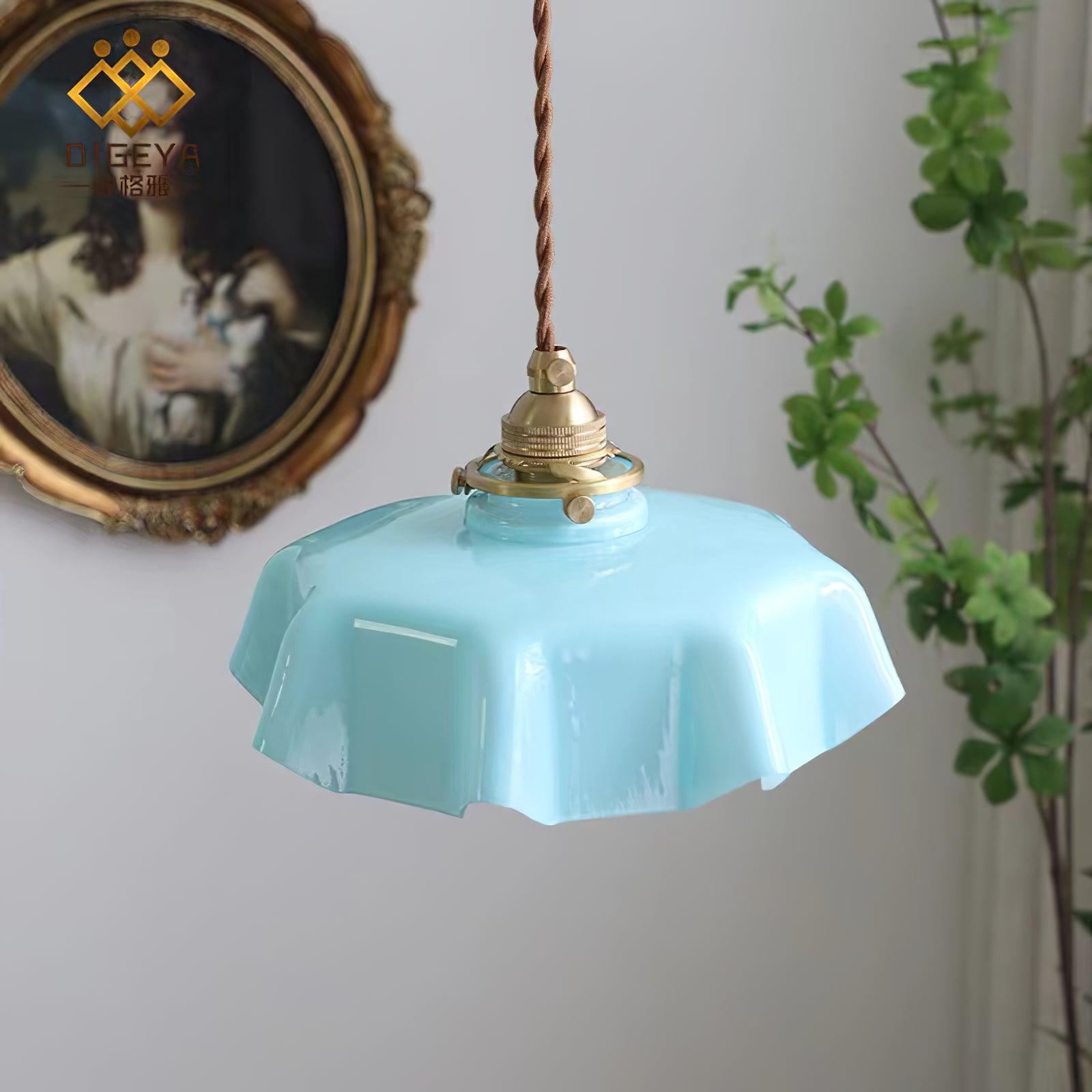 Geplooide Glazen Hanglamp met Messing Armatuur — Vintage Franse Stijl in Wit, Beige, Roze of Blauw — Verstelbare Kabel 150 cm | Sansoti