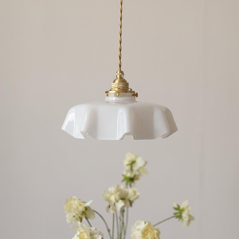 Geplooide Glazen Hanglamp met Messing Armatuur — Vintage Franse Stijl in Wit, Beige, Roze of Blauw — Verstelbare Kabel 150 cm | Sansoti