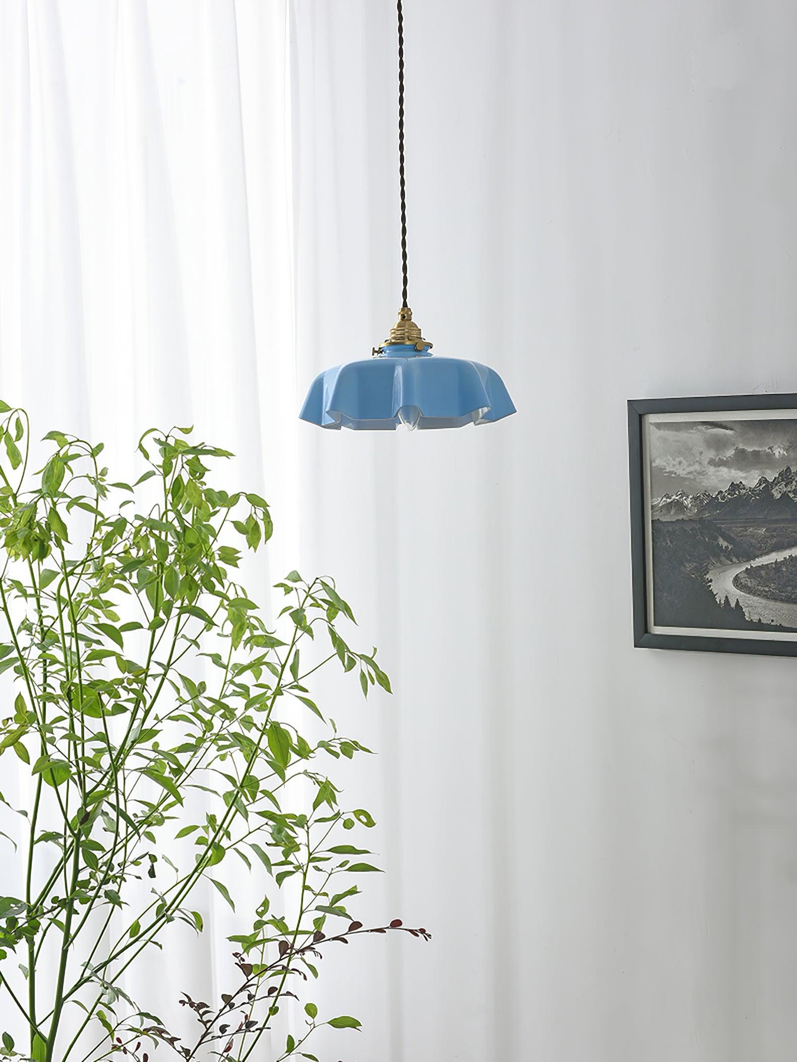 Geplooide Glazen Hanglamp met Messing Armatuur — Vintage Franse Stijl in Wit, Beige, Roze of Blauw — Verstelbare Kabel 150 cm | Sansoti