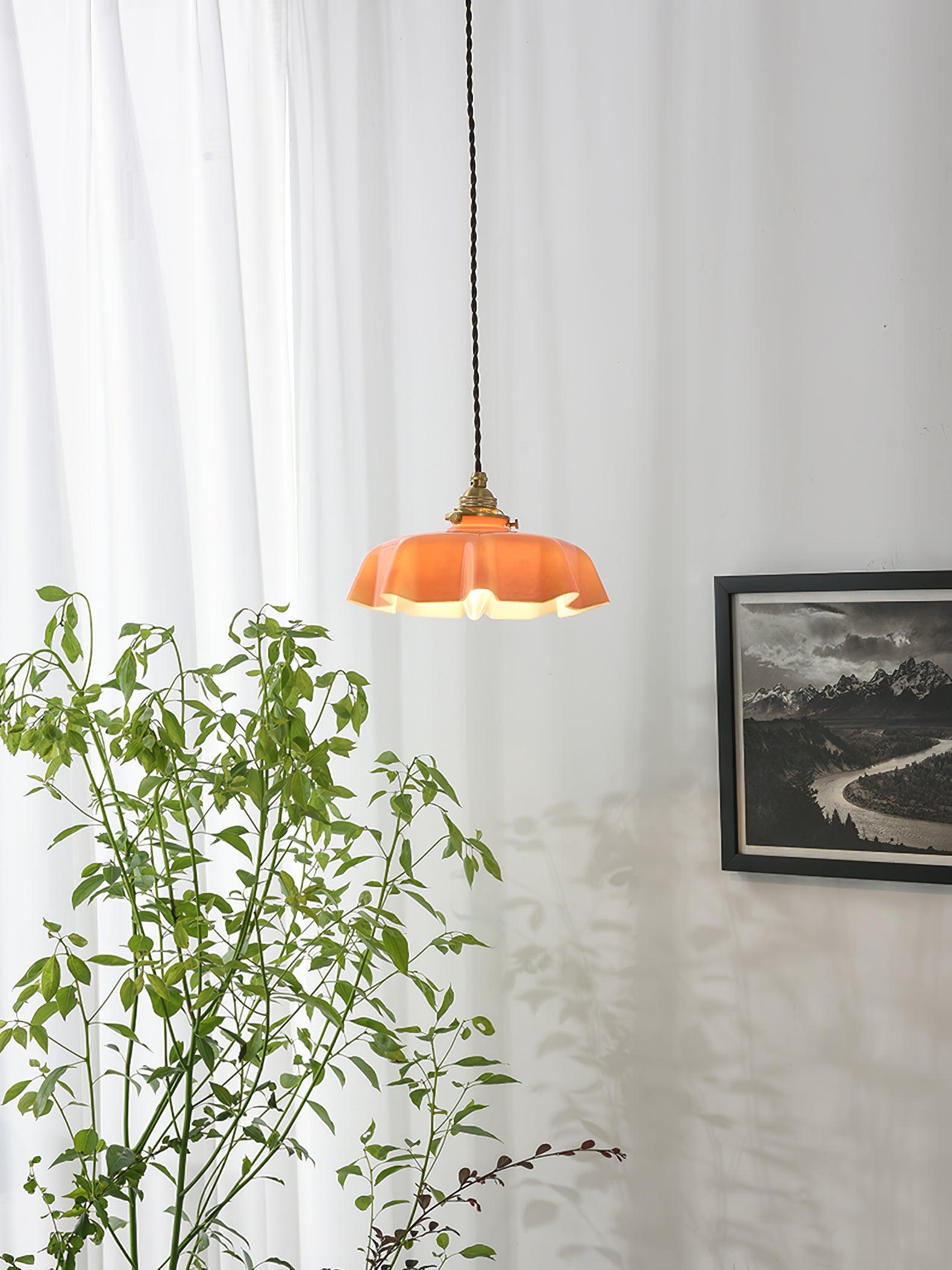 Geplooide Glazen Hanglamp met Messing Armatuur — Vintage Franse Stijl in Wit, Beige, Roze of Blauw — Verstelbare Kabel 150 cm | Sansoti
