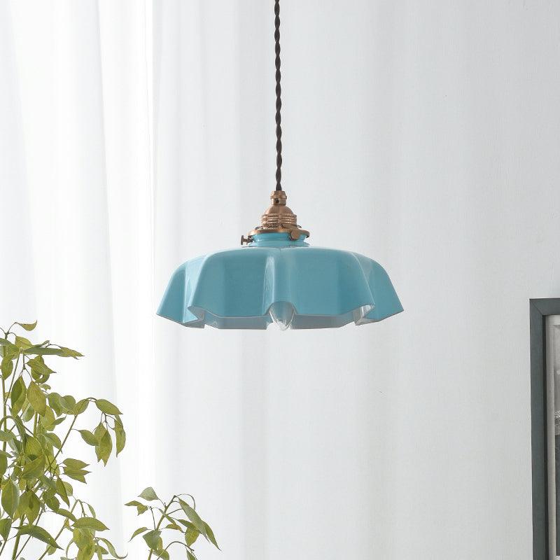 Geplooide Glazen Hanglamp met Messing Armatuur — Vintage Franse Stijl in Wit, Beige, Roze of Blauw — Verstelbare Kabel 150 cm | Sansoti