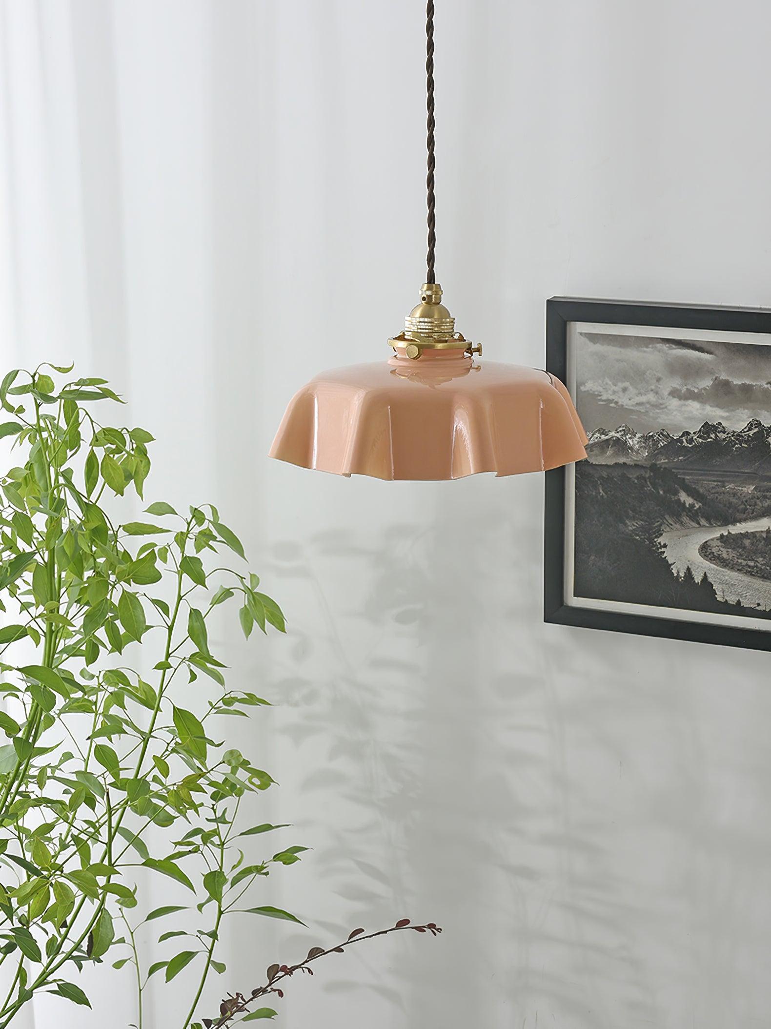 Geplooide Glazen Hanglamp met Messing Armatuur — Vintage Franse Stijl in Wit, Beige, Roze of Blauw — Verstelbare Kabel 150 cm | Sansoti