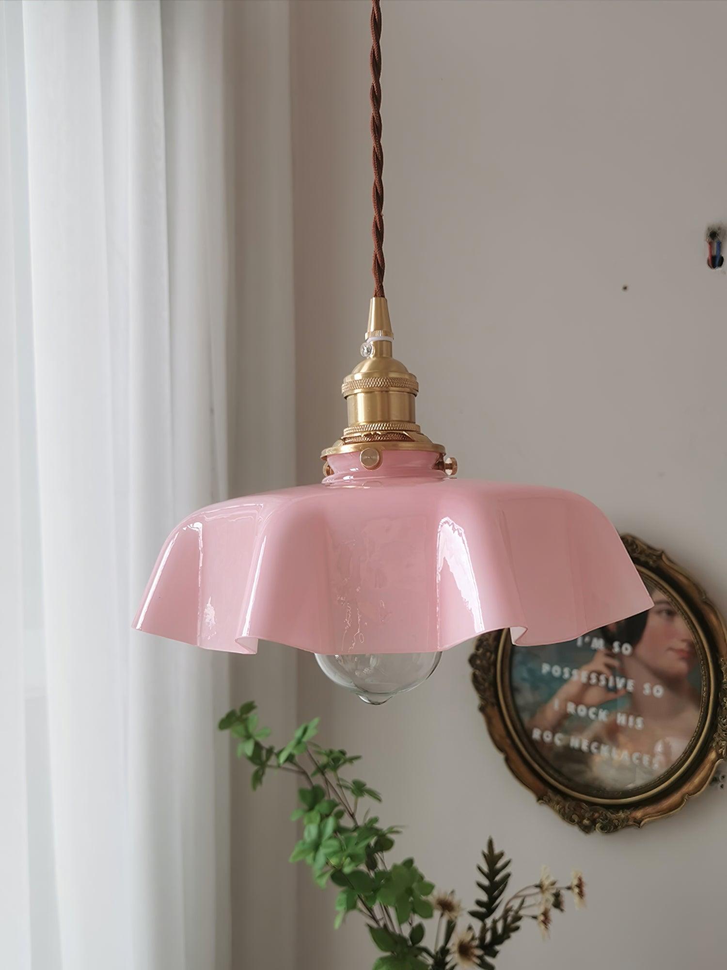 Geplooide Glazen Hanglamp met Messing Armatuur — Vintage Franse Stijl in Wit, Beige, Roze of Blauw — Verstelbare Kabel 150 cm | Sansoti