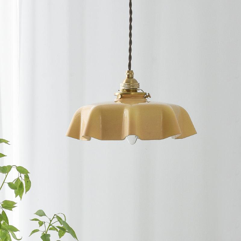 Geplooide Glazen Hanglamp met Messing Armatuur — Vintage Franse Stijl in Wit, Beige, Roze of Blauw — Verstelbare Kabel 150 cm | Sansoti