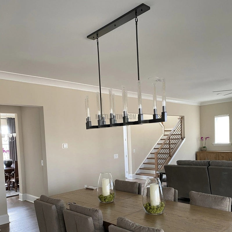 Linearer Kronleuchter Messing 170 cm mit geripptem Glas 12 Lichtquellen für Esszimmer Restaurant Küche | Sansoti