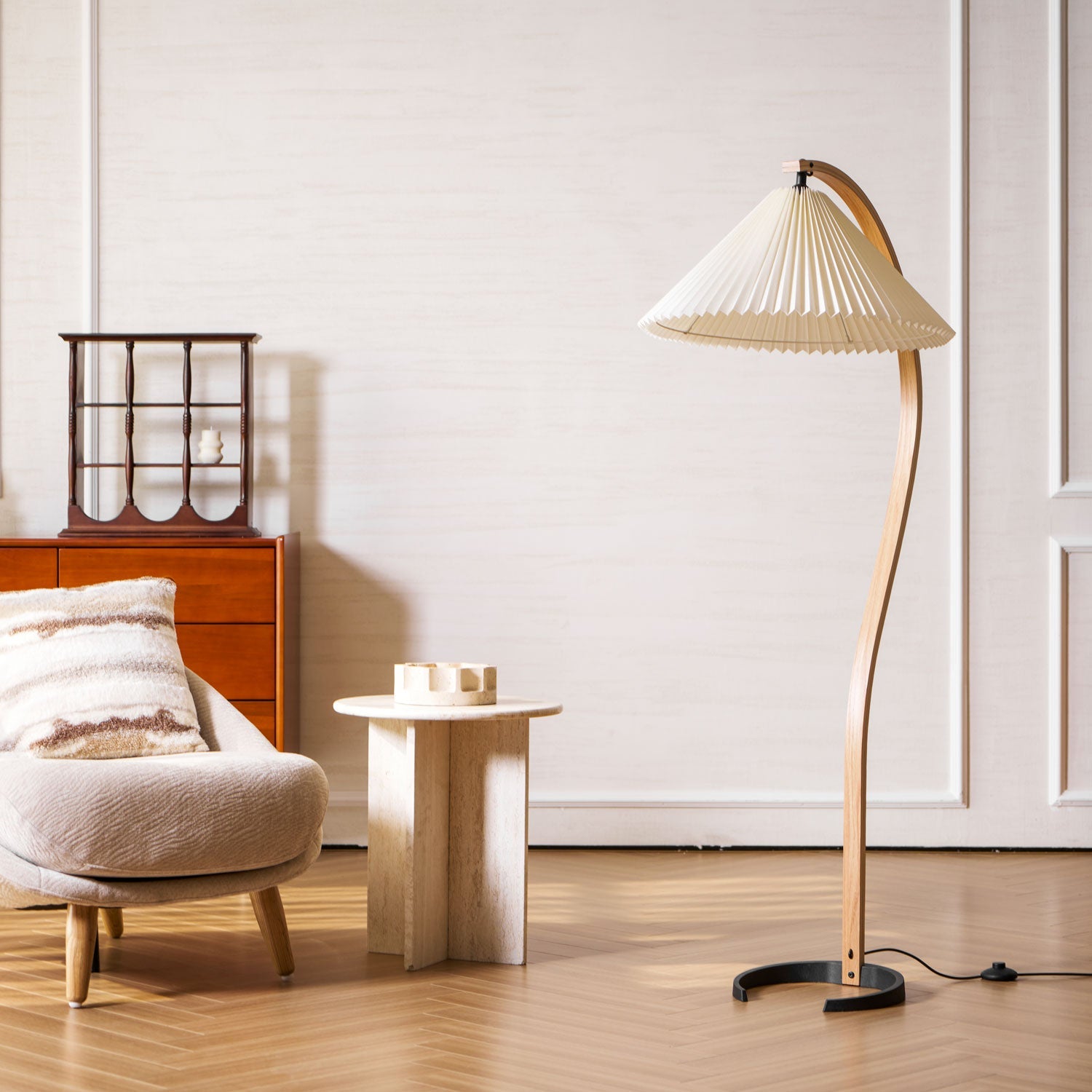 Lampadaire Arche Bois de Hêtre Abat-jour Lin Rétro Salon | Restfield