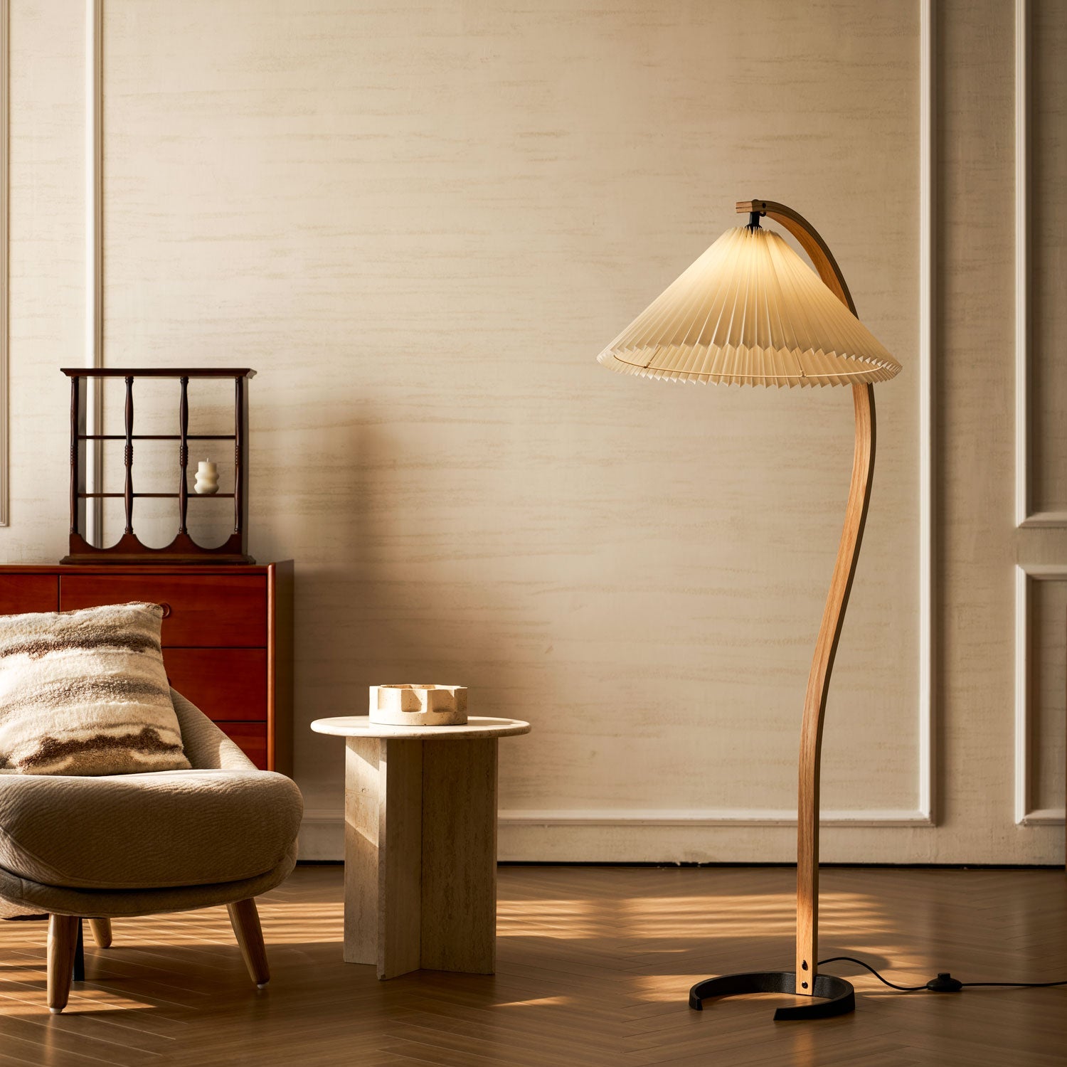 Lampadaire Arche Bois de Hêtre Abat-jour Lin Rétro Salon | Restfield