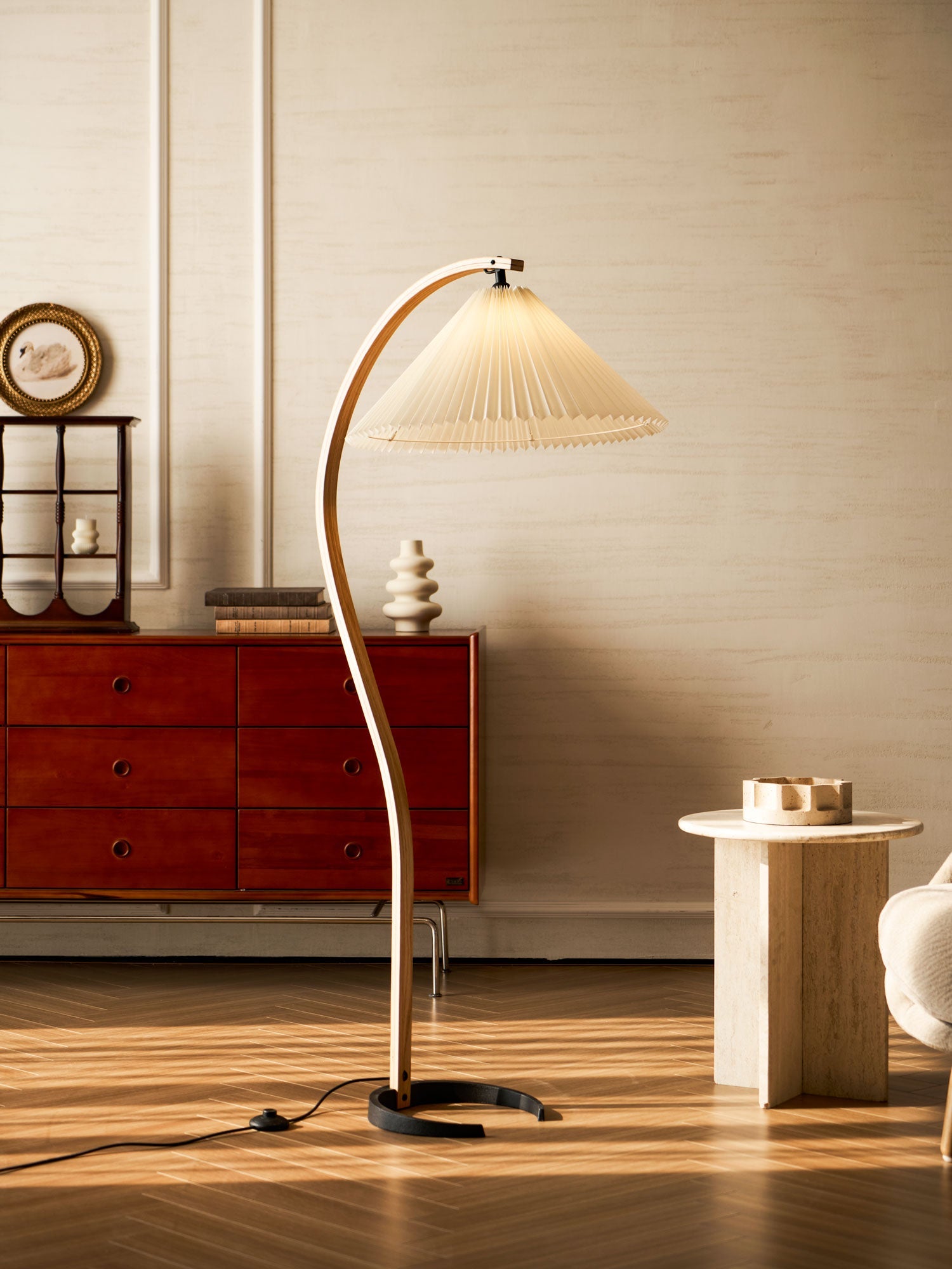Lampadaire Arche Bois de Hêtre Abat-jour Lin Rétro Salon | Restfield