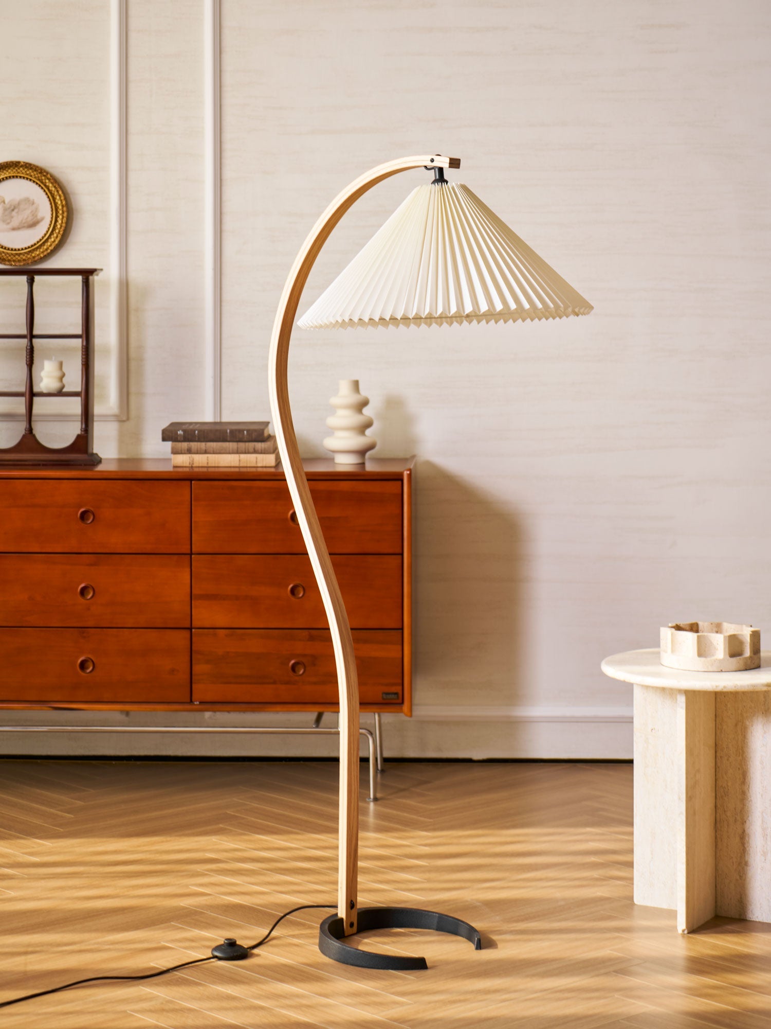 Lampadaire Arche Bois de Hêtre Abat-jour Lin Rétro Salon | Restfield
