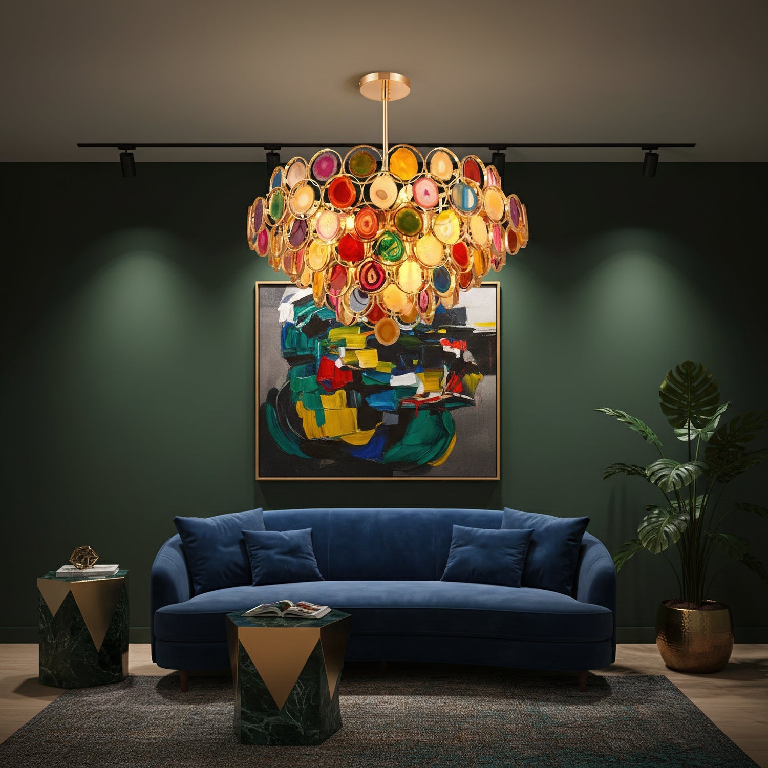 Agaat Kroonluchter – Natuursteen Hanglamp met Goudkleurige Montage – Echt Braziliaans Agaat Verlicht | Sansoti