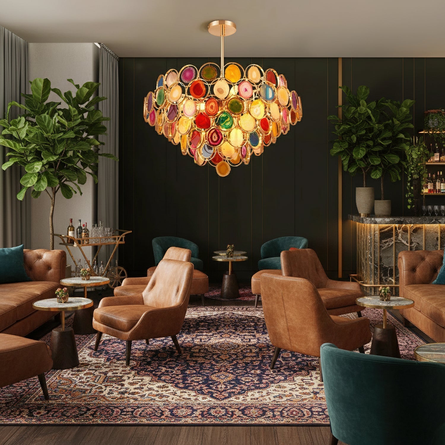 Agaat Kroonluchter – Natuursteen Hanglamp met Goudkleurige Montage – Echt Braziliaans Agaat Verlicht | Sansoti