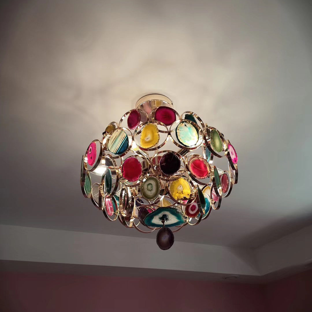 Agaat Kroonluchter – Natuursteen Hanglamp met Goudkleurige Montage – Echt Braziliaans Agaat Verlicht | Sansoti