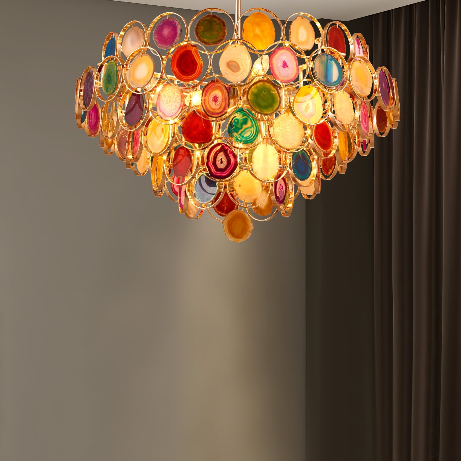 Agaat Kroonluchter – Natuursteen Hanglamp met Goudkleurige Montage – Echt Braziliaans Agaat Verlicht | Sansoti