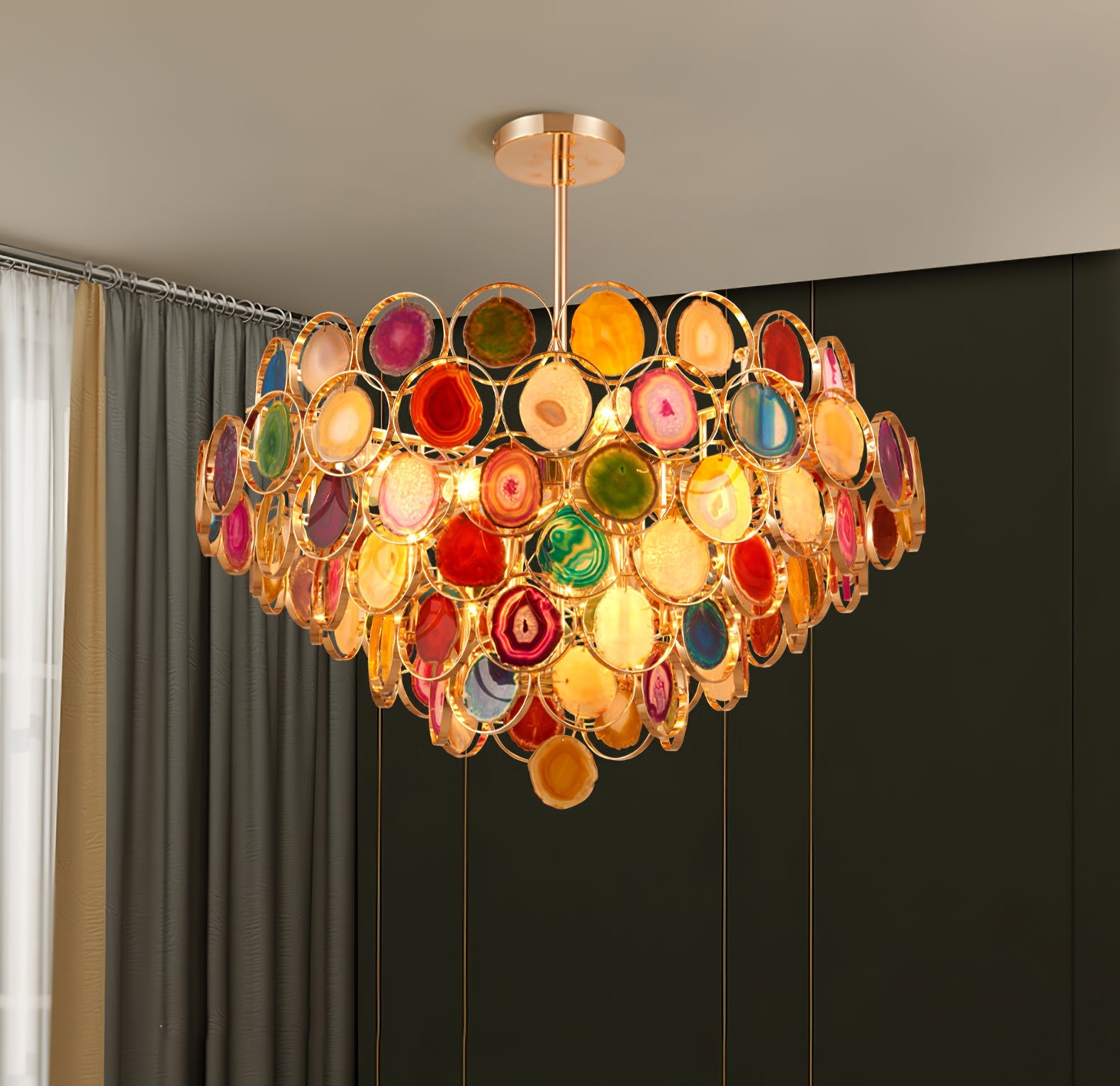 Agaat Kroonluchter – Natuursteen Hanglamp met Goudkleurige Montage – Echt Braziliaans Agaat Verlicht | Sansoti