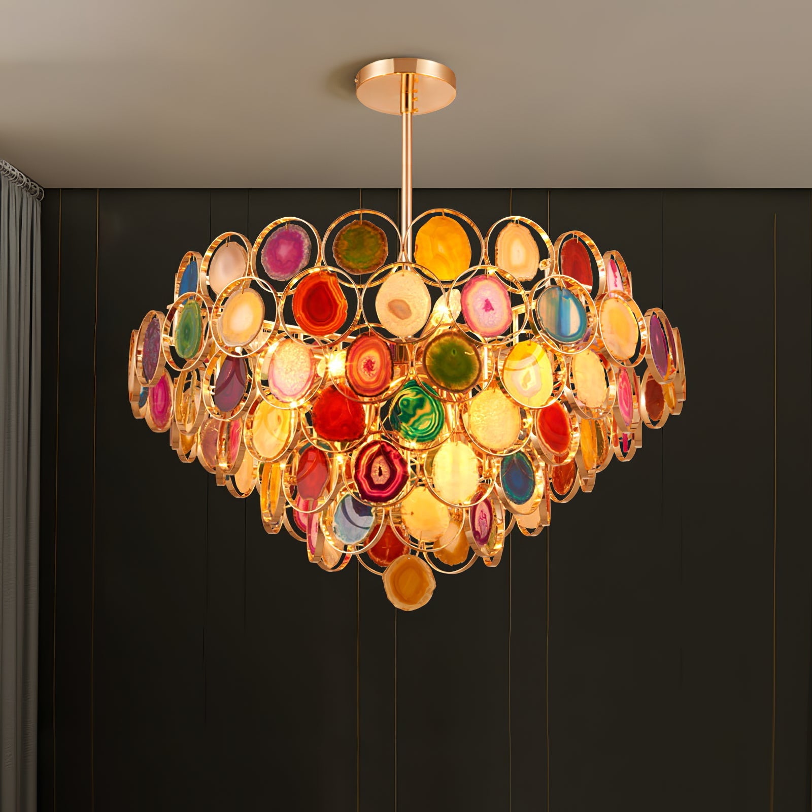 Agaat Kroonluchter – Natuursteen Hanglamp met Goudkleurige Montage – Echt Braziliaans Agaat Verlicht | Sansoti
