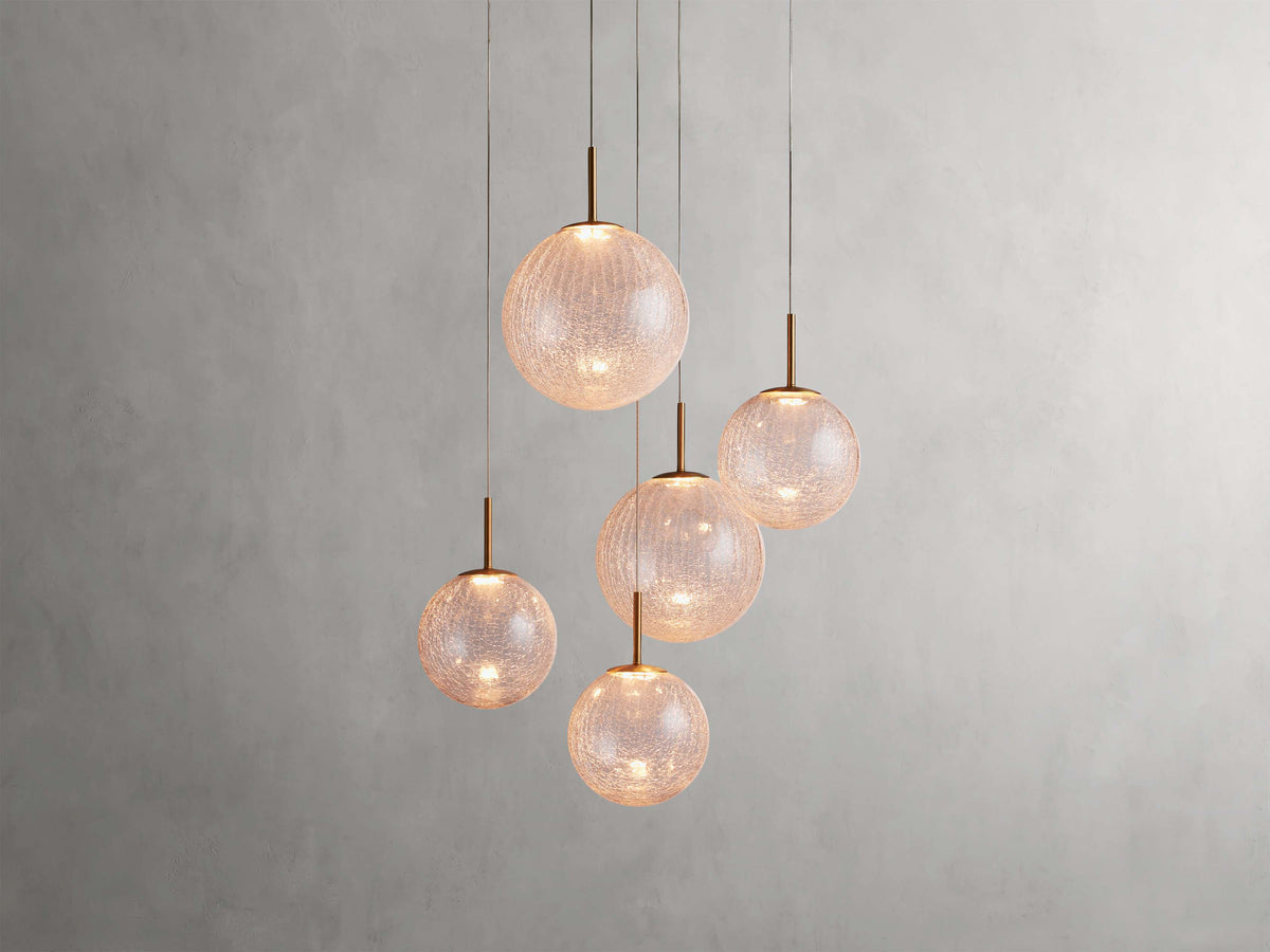 Suspension ronde à boules en verre, laiton et verre craquelé, réglable pour pièces à hauts plafonds, lustre LED | Sansoti