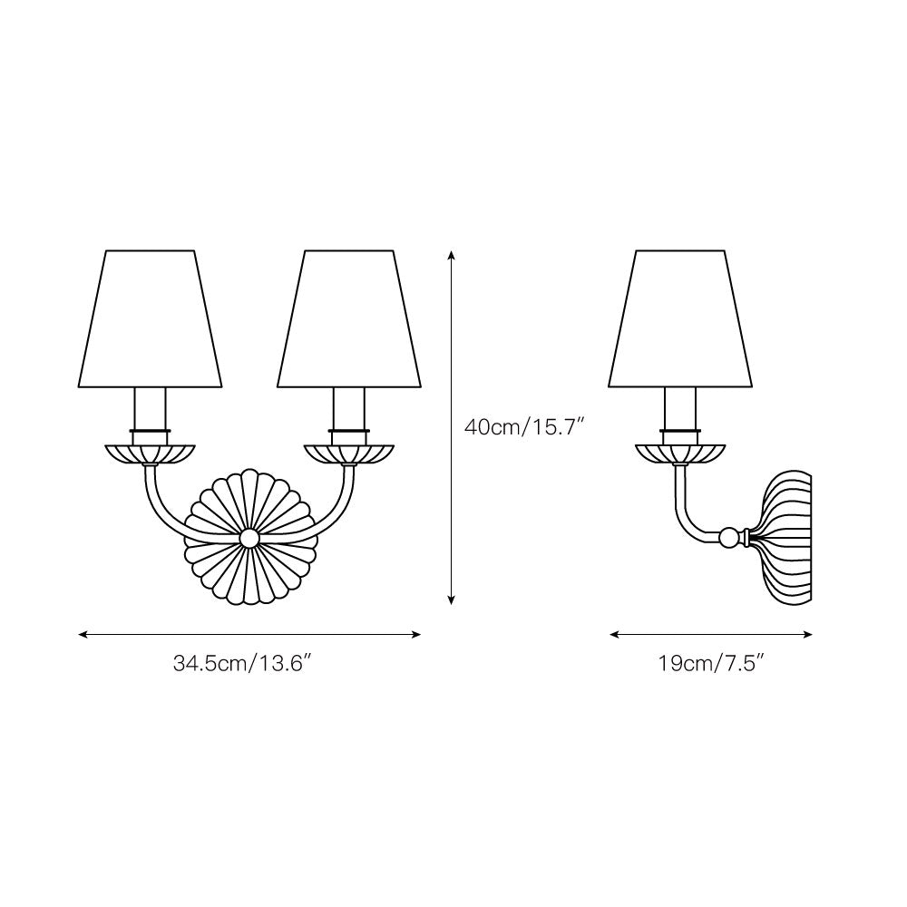Luxe dubbele wandlamp met stoffen kap en antiek goud bladgoud afwerking voor hal en woonkamer | Sansoti