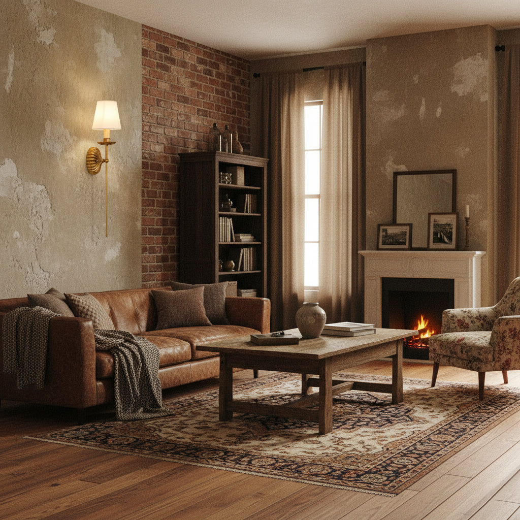 Luxe dubbele wandlamp met stoffen kap en antiek goud bladgoud afwerking voor hal en woonkamer | Sansoti