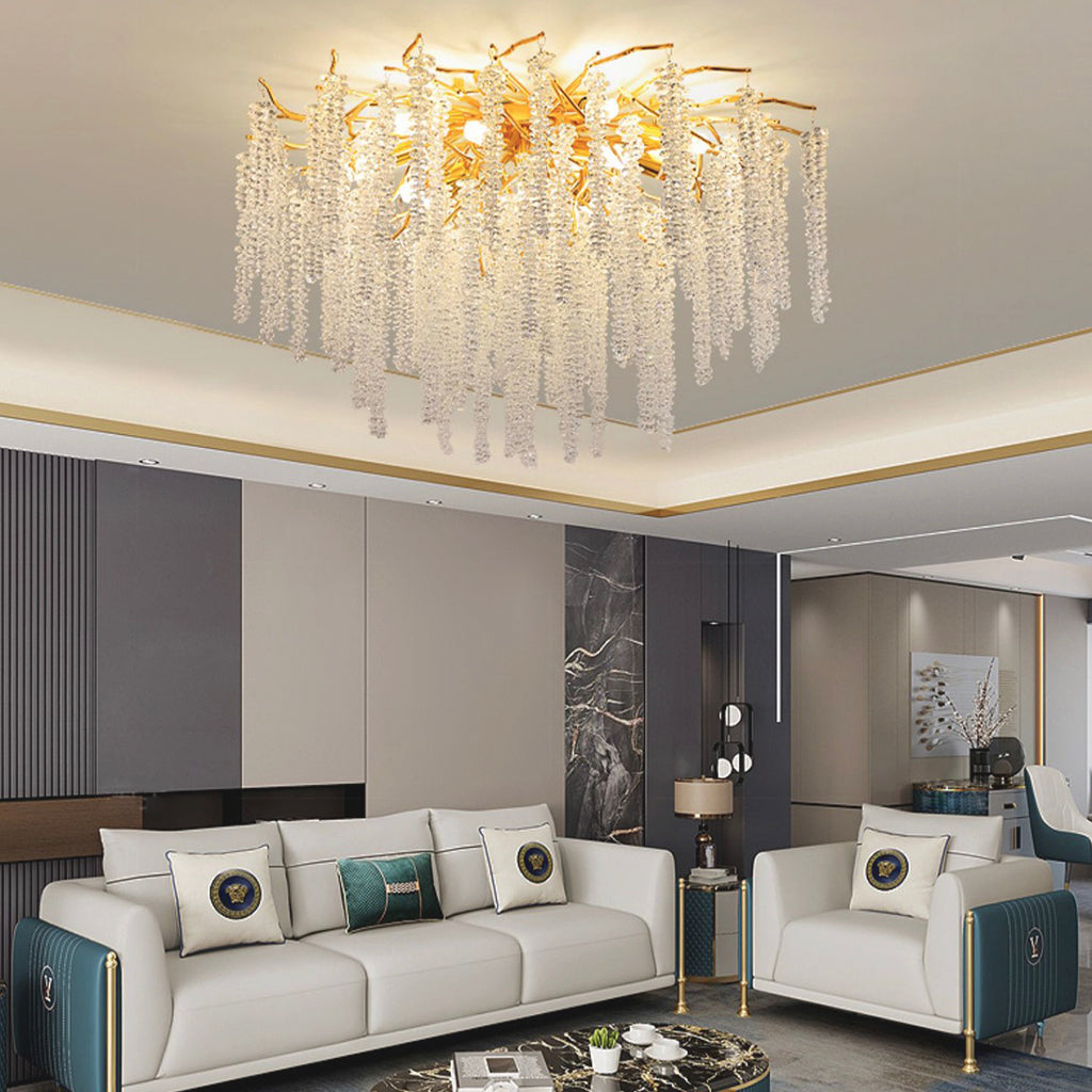 Kryształowy żyrandol z designem inspirowanym gałązkami wierzby, lampa sufitowa, złote aluminium, LED, regulowana barwa światła, jadalnia | Sansoti