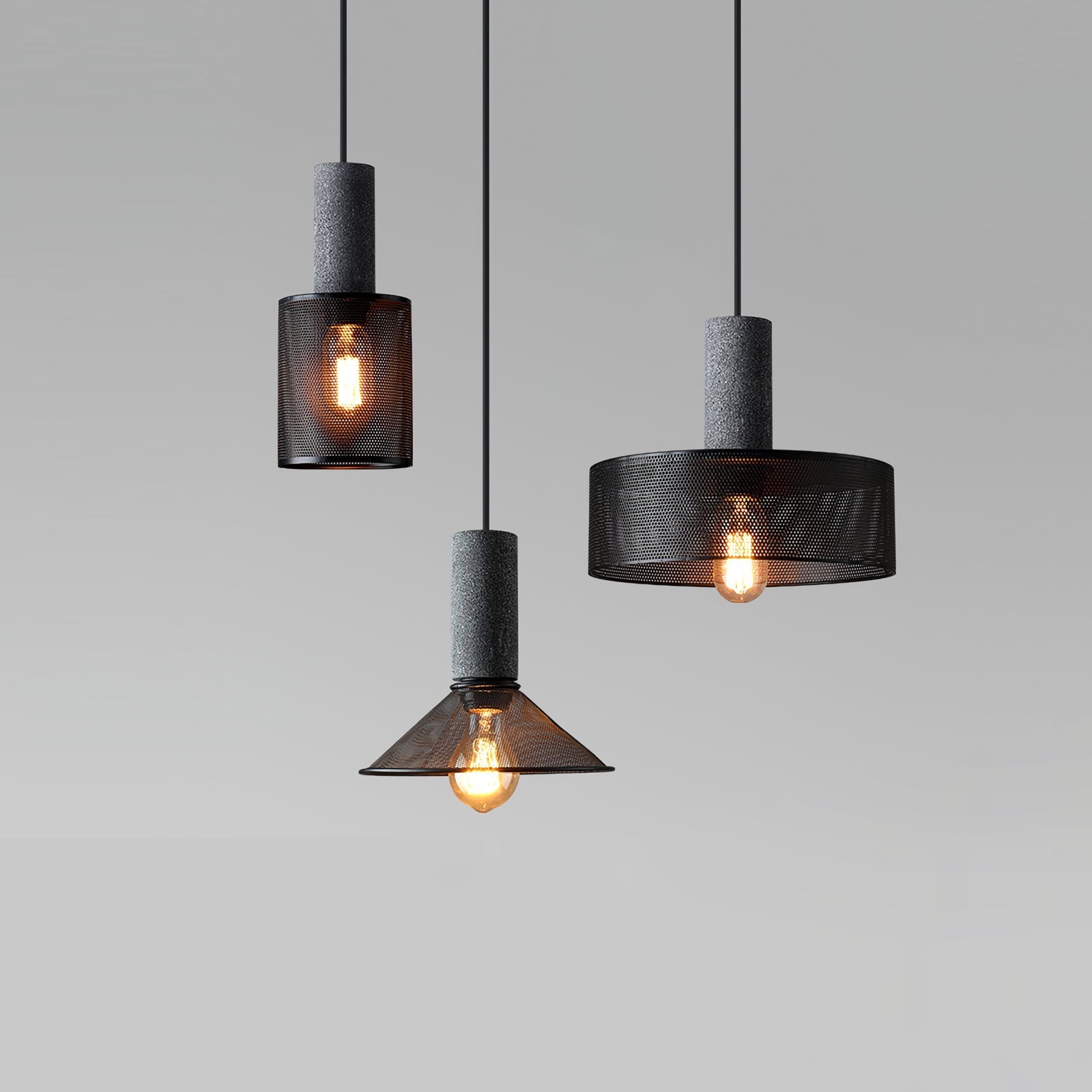 Industriële Hanglamp met Cement & Zwart Mesh — 6 Vormen | Sansoti