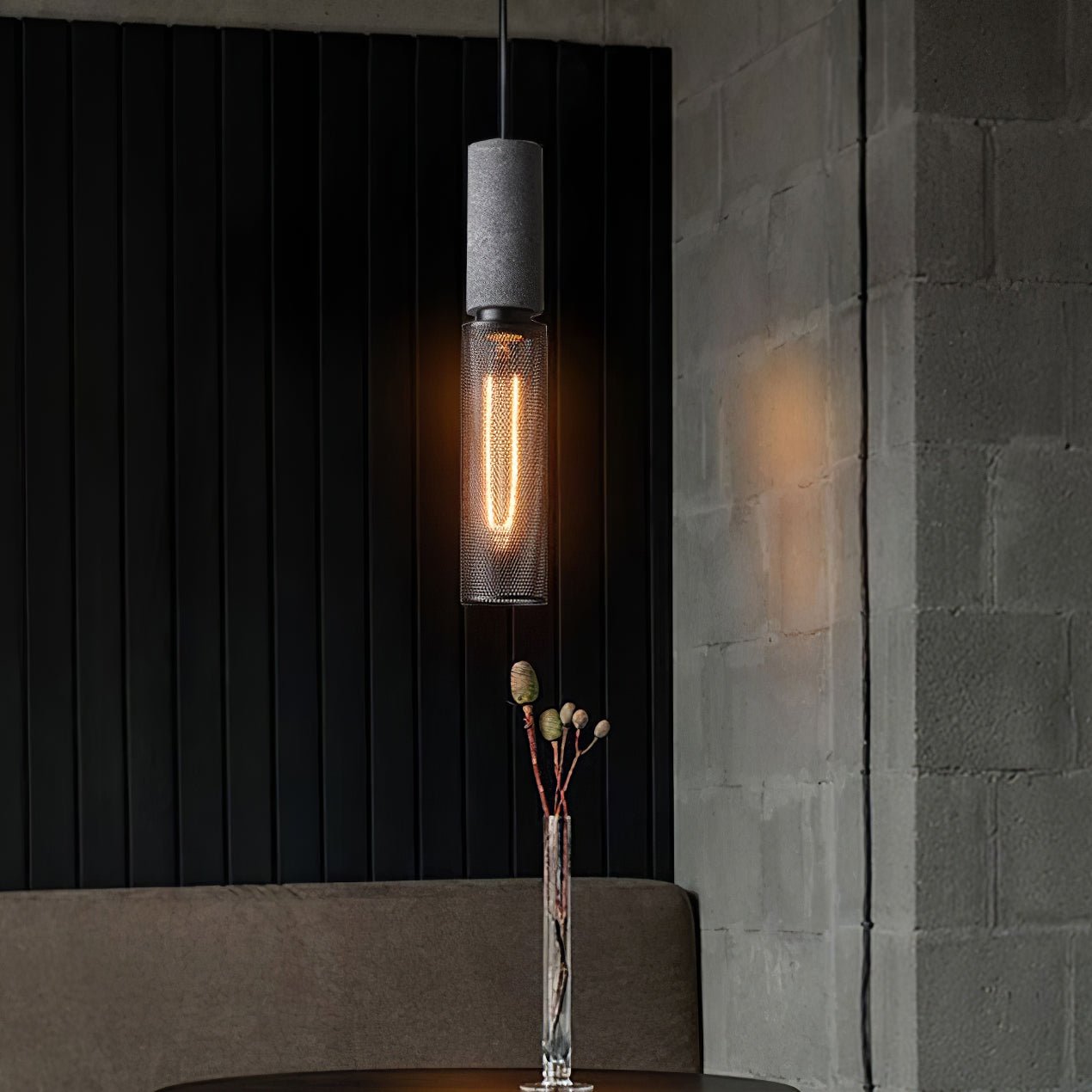 Industriële Hanglamp met Cement & Zwart Mesh — 6 Vormen | Sansoti