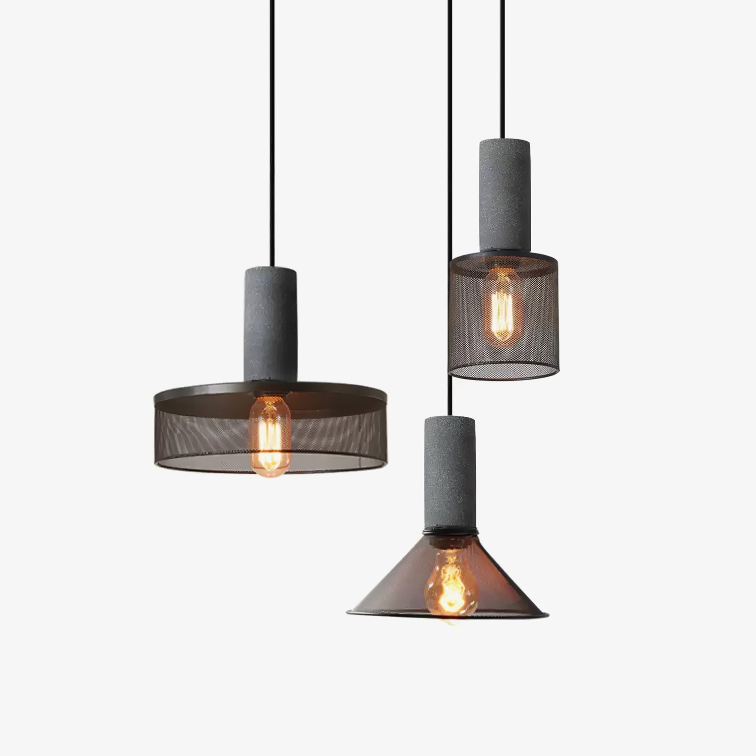 Industriële Hanglamp met Cement & Zwart Mesh — 6 Vormen | Sansoti
