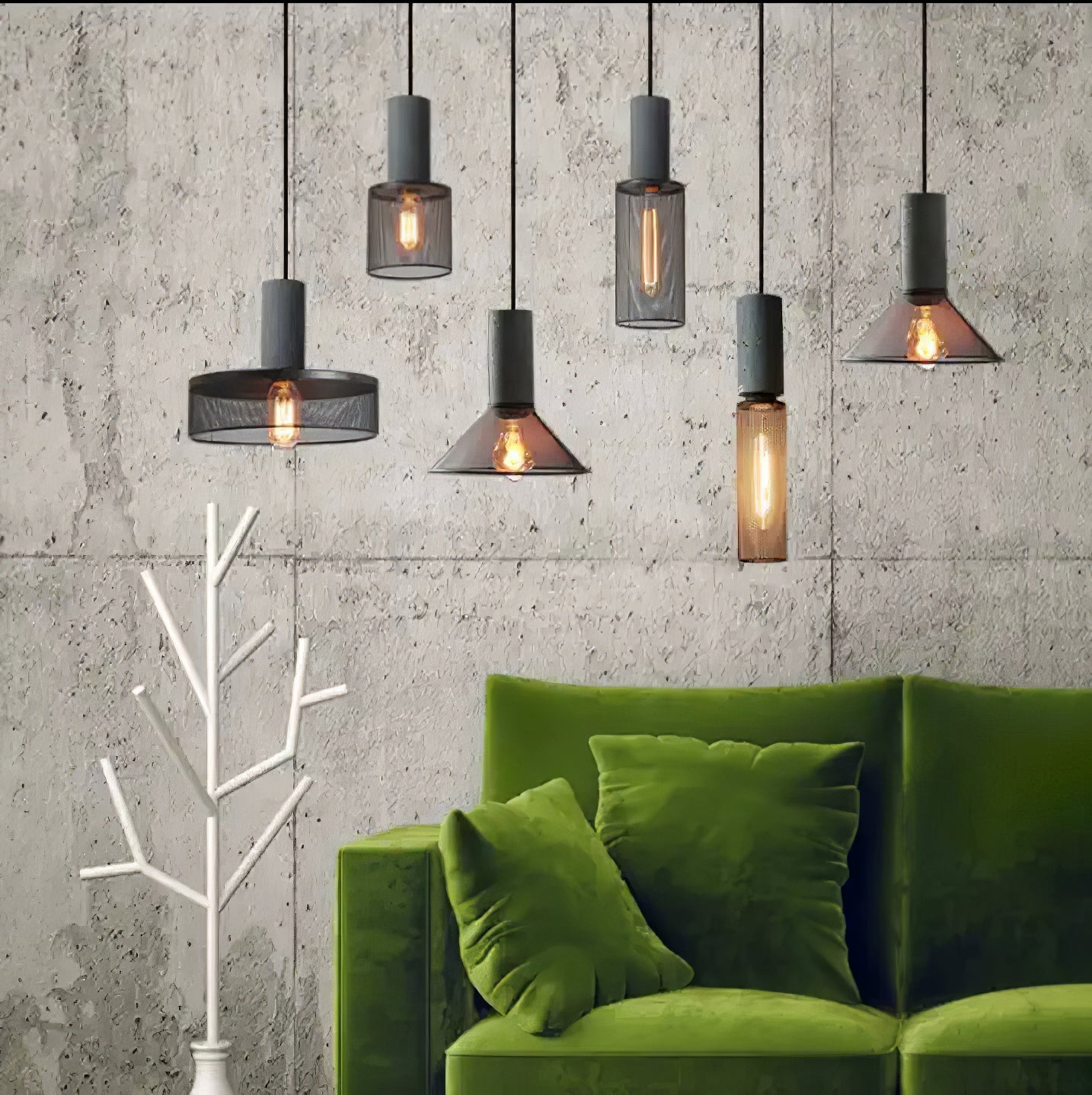 Industriële Hanglamp met Cement & Zwart Mesh — 6 Vormen | Sansoti