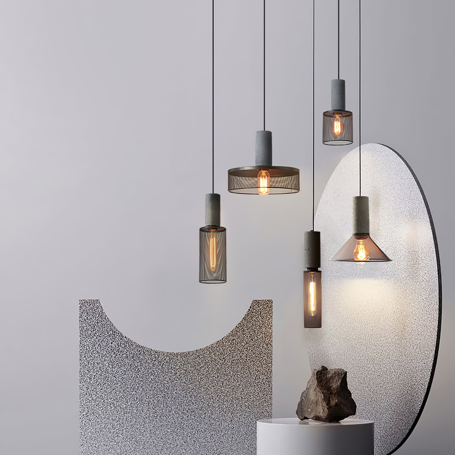 Industriële Hanglamp met Cement & Zwart Mesh — 6 Vormen | Sansoti