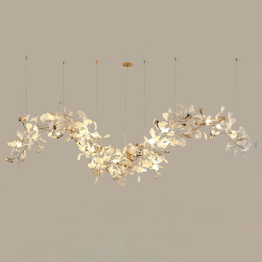 Kroonluchter Keramiek Ginkgo Bladeren Lineair Design Hanglamp Eetkamer Woonkamer Porselein Messing Verlichting | Sansoti